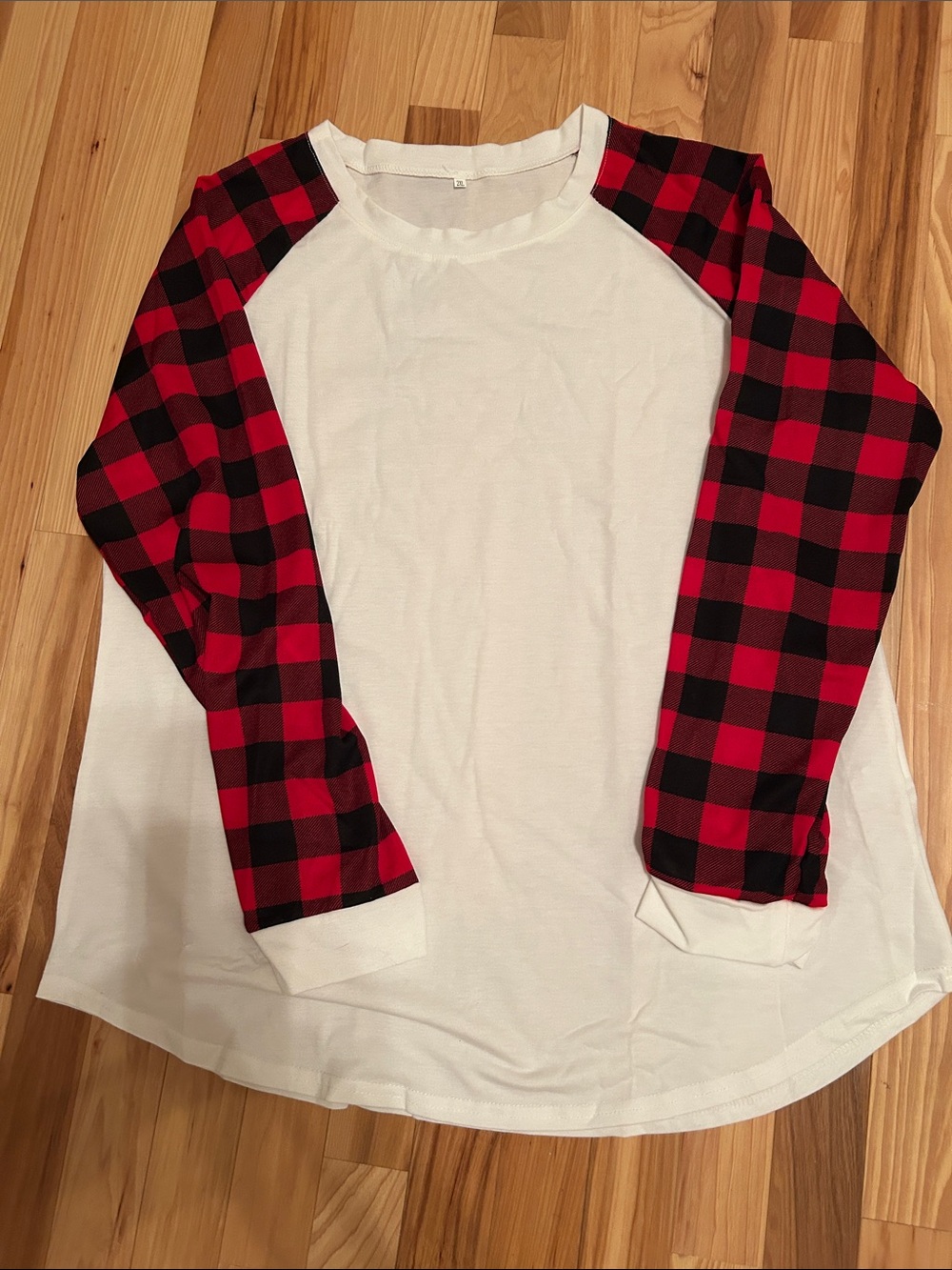 White Raglan Long Sleeve Tee with Red & Black Plaid Sleeves